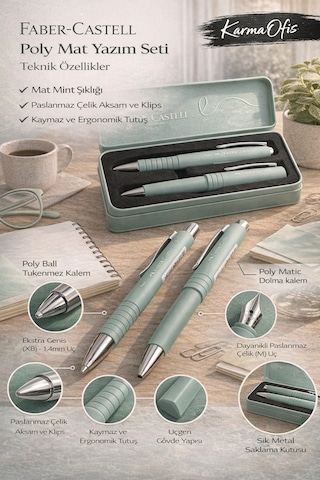 Faber-castell Poly Mat Yazım Seti Mint Dolma Kalem & Xb Tükenmez Kalem + Metal Kutu Diğer
