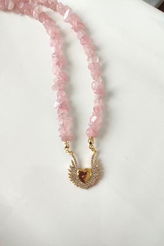 Pembe Kuvars Kalp Kırıktaş Kolye 046 - Pembe