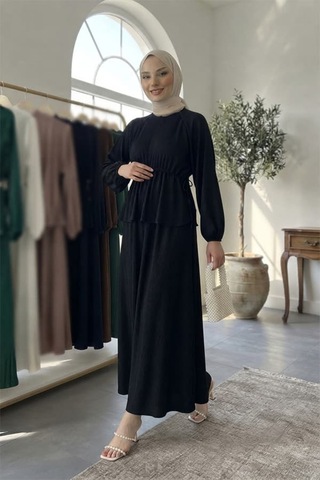 Maşuka Bürümcük Kumaş Bel Büzgülü Peplum Üst Ve Maksi Etekli Şık Ve Rahat Tesettür İkili Takım Siyah Siyah
