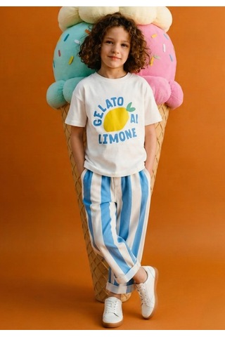 Laci'el Paris Çocuk Çizgili Baggy Denim Pantolon Mavi - Beyaz