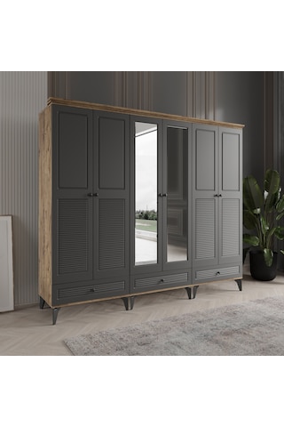 Beenal Nisa 6 Kapaklı Gardırop Dolap 240 CM Atlantik Çam - Antrasit