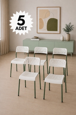 Mira Beyaz/ Yeşil Sandalye Plastik Gövdeli Metal Ayaklı, Mutfak Sandalyesi, Çalışma, Bahçe, Yemek Oda Beyaz/yeşil- 5 Adet