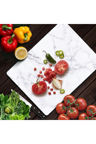 Decovetro Cam Kesme Tahtası Ve Sunumluk Beyaz Mermer Desenli 25 X 35 Cm Çok Renkli