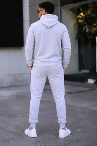 Suma Erkek Kapüşonlu Kanguru Cepli Sweatshirt Jogger Pantolon Eşofman Takımı Beyaz