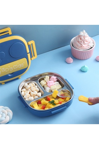 Moveevo Mavi 3 Bölmeli Çocukluk Çelik Yemek Kutusu, Kaşık Ve Tabaklı Pratik Mutfak Seti - Ev Kullanıma Uygun, Dayanıklı Ve Kolay Kullanım MAvi