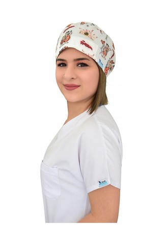 Unisex Taş Devri Desenli Doktor Hemşire Cerrahi Hastane Aşçı Bonesi Beyaz Beyaz