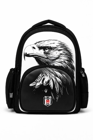 Beşiktaş Lisanslı 3 Bölmeli Kartal Desenli Okul Çantası - Rubber Logolu Su İtici Kumaşlı Okul Sırt Çantası Siyah - Beyaz