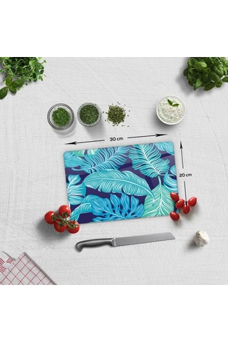 Decorita 10011501055 Mavi Tropik Yapraklar Cam Kesme Tahtası, 20cm X 30cm Diğer