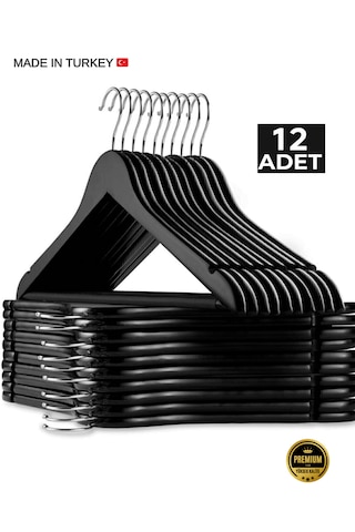 12 Adet - Ahşap Görünümlü Plastik Akalite Siyah Elbise Askı