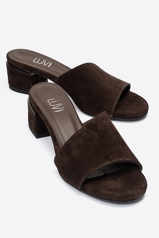 Luvi Shoes Delavıe Kahverengi Süet Hakiki Deri Kadın Kalın Topuklu Terlik