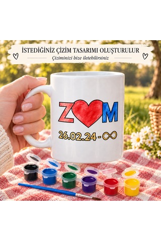 Almera Craft Sevgililere Özel Çizimli Boyanabilir Porselen Kupa Ve 6 Renk Boya Seti Beyaz - Beyaz