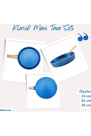 Premium Bio Granit Alüminyum Döküm Nisch Tava Seti Klasik Mavi-açık Ahşap Kulp