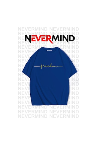 Nevermind Erkek Oversize Freedom Baskılı Erkek Tişört Yazlık Rahat Pamu Lacivert