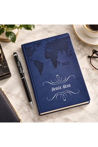 Bk Gift Kişiye Özel 378 Termo Deri Tarihli Ajanda & Siyah Touch Pen Tükenmez Kalem-1 Lacivert