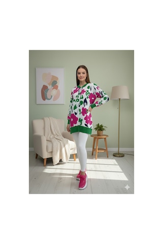 Polologin Butik Kadın Çiçek Desenli Jakarlı Uzun Ribanalı Tunik - Fuşya/yeşil Yeşil