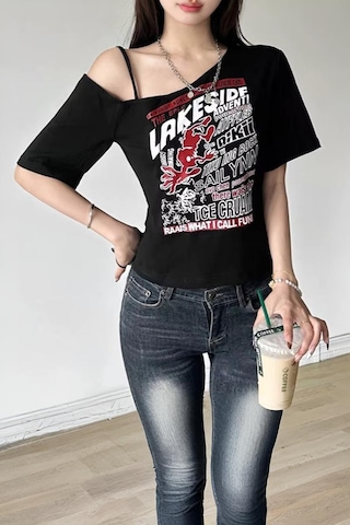 Siyah Lakeside Omuz Dekolteli Askılı Y2k Kısa Kollu Crop-17997 Siyah