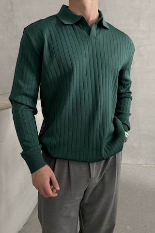 Erkek Polo Yaka Fitilli Oversize Triko Kazak Yeşil