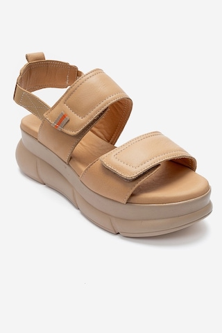 Luvishoes Celeste Koyu Bej Hakiki Deri Cırt Bantlı Kadın Kalın Tabanlı Sandalet