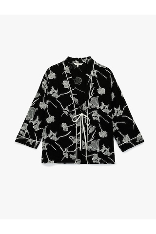 Koton Keten Karışımlı Uzun Kollu Kruvaze Çiçekli Kimono Ceket Siyah Desenli 6sak50033uw Siyah Desenli