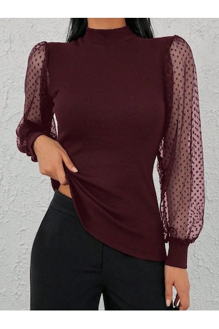 Saklımoda Kadın Uzun Kollu Tül Detaylı Yarım Balıkçı Yaka Kaşkorse Bluz Bordo