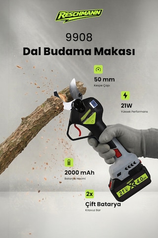 Reschmann R-9908 Gri Profesyonel Şarjlı Dal Budama Makası 21v / 50mm