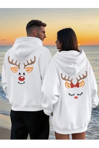 Nevermind Sevgili Çift Kombin Hoodie Geyik Baskılı Çift Kapüşonlu Sweatsh Beyaz