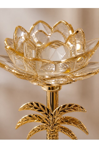 3 Lü Palmiye Tasarımlı Dekoratif Şamdan Mumluk Seti Gold Metal & Cam Detaylı 33 Cm 27 Cm 23 Cm Modern Lüks Ev Dekoru