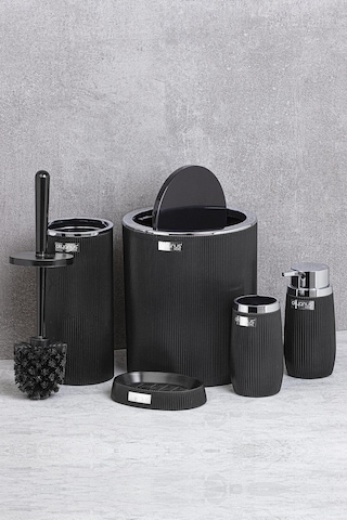 Okyanus Home Siyah Kromlu Çizgili Yuvarlak 5'Li Banyo Seti Siyah
