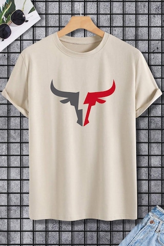 Erkek Boğa Silüet Baskılı Oversize Tshirt Bej