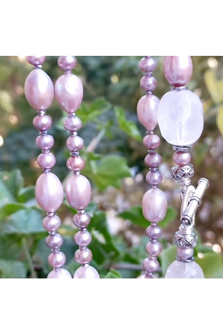2865 Doğal Pembe İnci Kuvars Zirkon Hematit El Yapımı Uzun Kolye 046 - Pembe