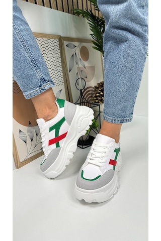 Günlük Kadın Sneaker Kalın Yüksek Taban Bağcıklı Rahat Tiger Şeritli Spor Ayakkabı 032 08-taş Yeşil Kırmızı