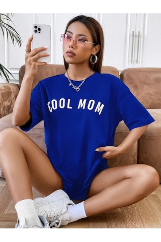 Cool Mom T-shirt - Lacivert Baskılı Oversize Bisiklet Yaka Kısa Kol Tişört Lacivert