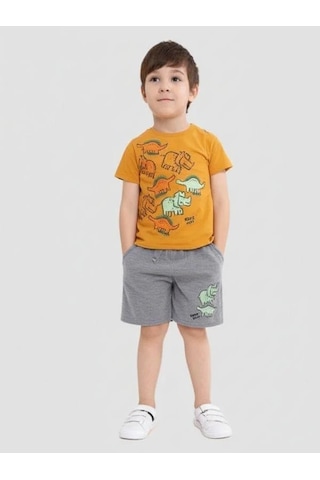 Erkek Bebek Hayvan Baskılı Şortlu Takım-15836 Turuncu