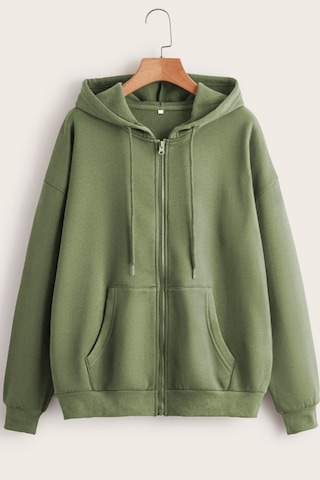 Cool Tarz Unisex Relax Fit Rahat Kesim Pamuklu İçi Polarlı Çift Cepli Fermuarlı Haki Kapüşonlu Sweatshirt Haki Haki