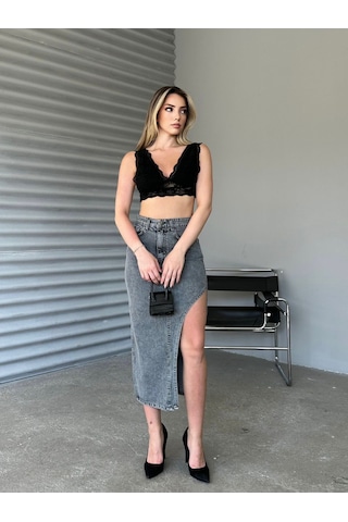 Shevega Kadın Füme Uzun Ön Parçali Asimetrik Kot Etek Füme