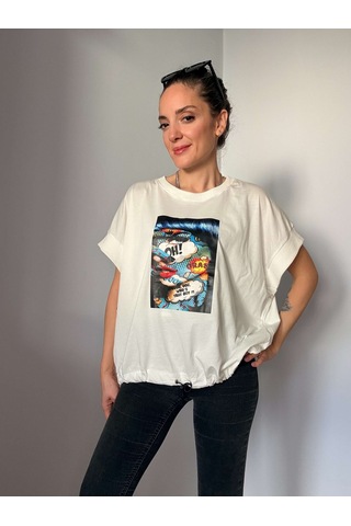 Ali Butik Beyaz Paint Girl Baskılı Alttan Büzmeli Tişört Beyaz