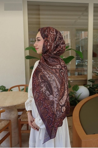 Premium Lux Original Etnik Desen Şal Vual İpek, 1. Sınıf, Hafif, Rahat, Şık, Tesettür Giyim Kahverengi