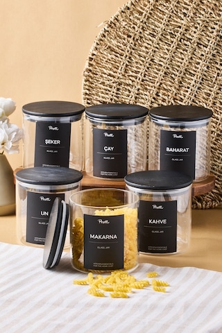 Laura 6'lı Siyah Ahşap Kapak Cam Kavanoz 750 Ml 10x10 Cm 16 Adet Etiket Hediyeli Seffaf Şeffaf