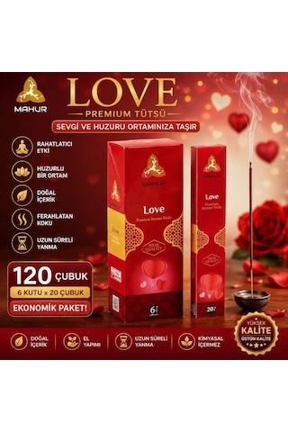 Mahur Love Premium Çubuk Tütsü 120 Adet 6 Kutu X 20 Çubuk, Hoş Kokulu Ortam Tütsüsü, Ev, Ofis, Meditasyon, Yoga Ve Spa