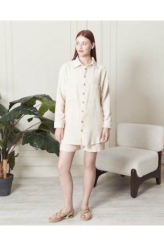 Soft Koton Kumaş Şort Gömlek Takım-3300-krem Krem