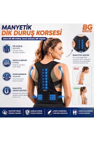 Manyetik Dik Duruş Korsesi Ayarlanabilir Omuz Sırt Bel Destekleyici Kamburluk Önleyici Unisex Siyah Günlük Kullanım