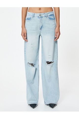 Koton Geniş Paça Yırtık Kot Pantolon Standart Bel Düğmeli - Bianca Wide Leg Jean Açık İndigo 4sal40472md Açık İndigo