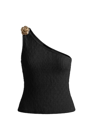 Cottonhıll Premium - Tide Collection Siyah Tek Omuz Çiçek Aksesuarlı Bürümcük Dokulu Kadın Crop Bluz