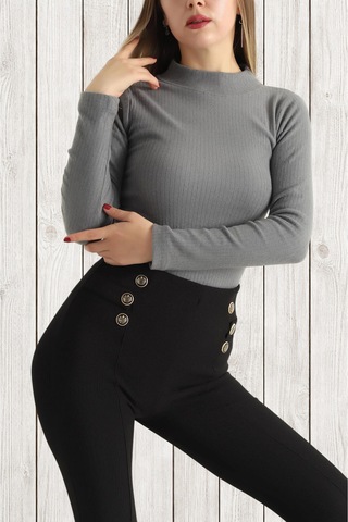 Aslındalook Kadın Fitilli Triko Esnek Uzun Kol Body Bluz Bady Füme