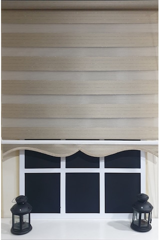 Zebra Stor Perde Organze Koyu Bej Gümüş Simli Etek Dilimli Stb910