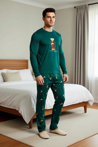 Benerly Kadın Bisiklet Yaka Uzun Kol Regular Fit Örme Pijama Takımı Fonks Yeşil