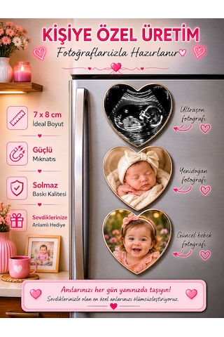 3'lü Kalp Fotoğraf Magneti Bebeğin İlk Anıları Kişiselleştirilebilir Anne Babaya Özel Hediye