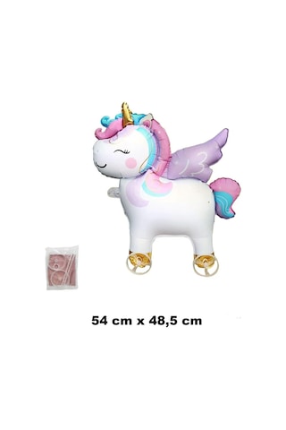Unicorn Temalı Folyo Yürüyen Balon Tekerlekli Sevimli Unicorn Balon 54x48,5 Cm Renkli