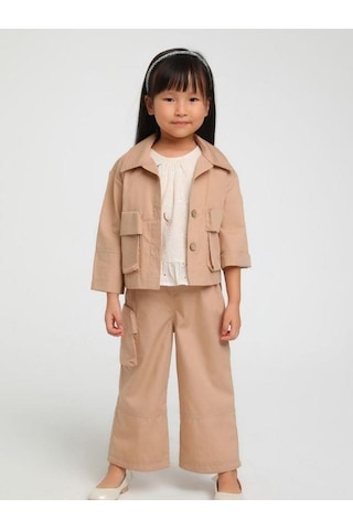 Kız Çocuk Erkek Yaka Cepli İki Düğmeli Ceket-15124 Kahverengi