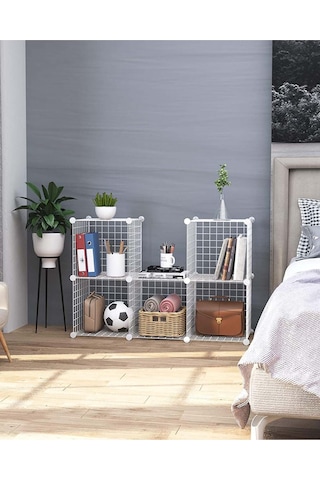 6 Bölmeli Beyaz Portatif Çok Amaçlı Metal Tel Dolap Raf Kitaplık